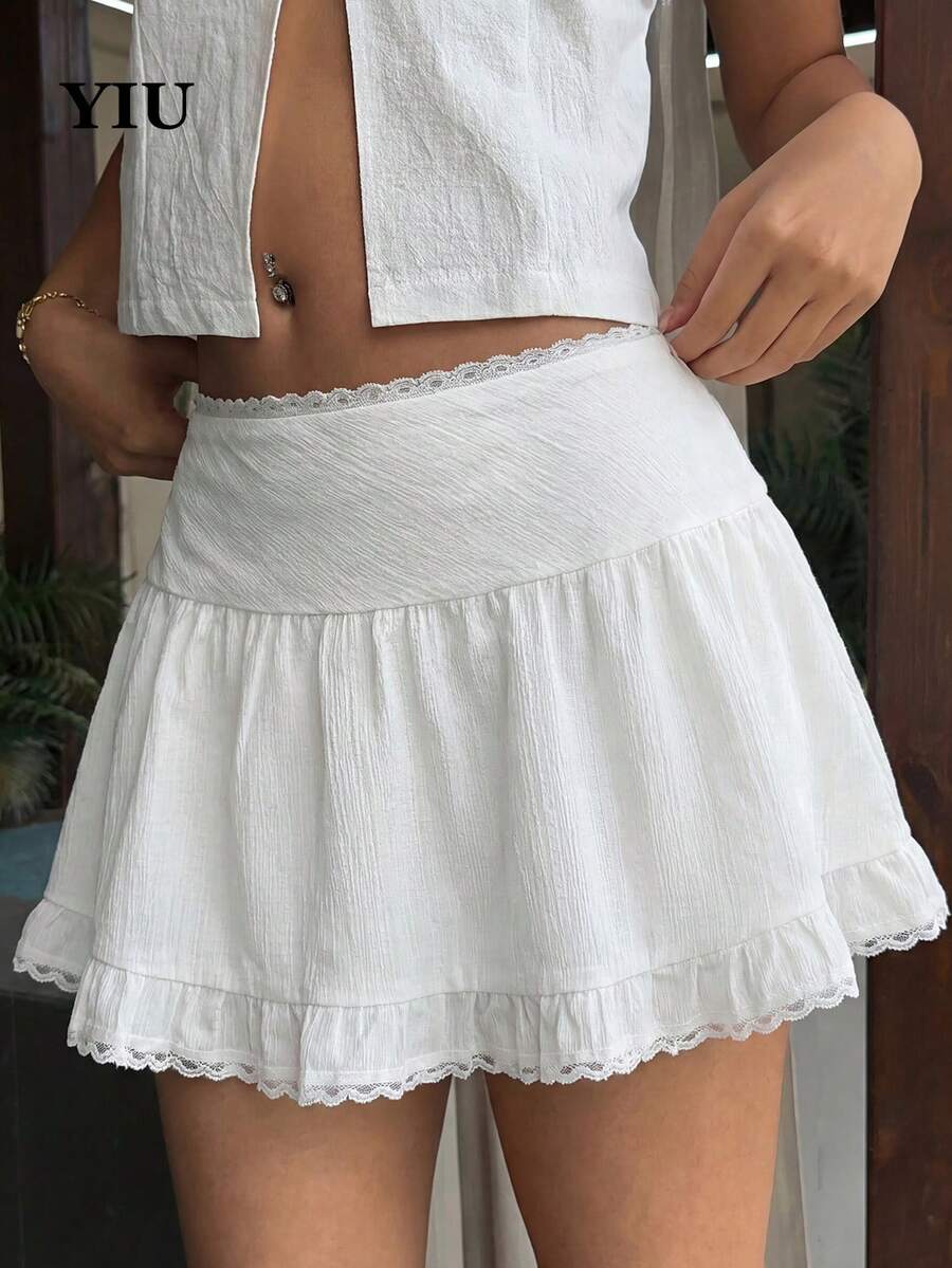 Chân váy ngắn xòe màu trắng YIU dành cho nữ, chất liệu polyester gợi cảm, không co giãn, viền bèo nhún, trang trí bằng bèo nhún và ren tương phản, hàng mới về mùa xuân/hè, phù hợp cho mặc hàng ngày và hẹn hò. - trắng - Xem 1