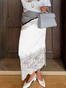 Elegant Women's Long Straight Skirt With Delicate Contrast Lace Detail Woven Fabric Casual Style - White - View 2