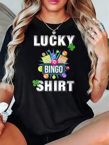 Lucky Bingo Shirt Women Casual T-Shirt With Clover And Bingo Balls Design Fun And Playful Graphic Tee For Bingo Lovers St Patrick's Day Gift IdeaParty Dress Up 220g - 黑色 - 查看 2