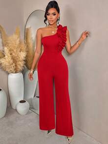 AIJ Amarilo Summer New Fashion Red Women's Ruffled Elastic Textured Jumpsuit - Wide Leg Pants With Pockets - Suitable For Valentine's Day/Outings/Cocktail Parties - Red - View 4