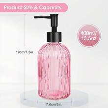 Topsky Stripe Glass Soap Dispenser With Black Plastic Pump, 400ml Liquid Hand Soap Dispenser, Rustproof Pump For Kitchen & Bathroom, Great For Lotions, Essential Oil, Liquid Soaps-Pink - Pink - View 5