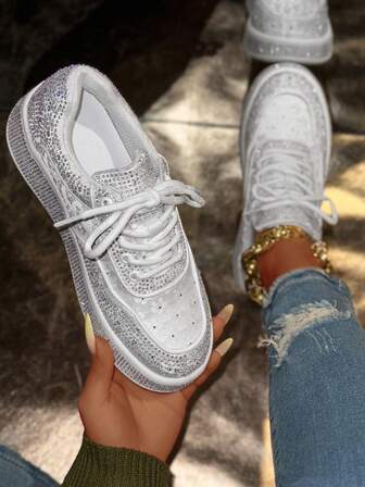 Zapatillas de mujer con estampado de moda - Diseño con brillo de lentejuelas, cómodas zapatillas de corte bajo con cordones, calzado casual para todo el año, zapatillas casuales de calle, zapatillas brillantes, zapatillas sintéticas