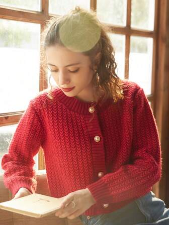 Knit Mix エレガントな女性ファッションニットカーディガン、カジュアルなフレンチスタイル長袖クルーネックセータージャケット、クリスマス、感謝祭、新年のお祝いに適しています