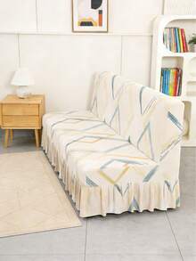 几何线条印花沙发床罩，裙摆式设计，弹性全包覆式聚酯纤维沙发罩，针织牛奶丝面料，四季皆宜 - 杏色 - 查看 1