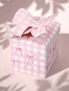 1pc Pink Plaid Gift Box With Big Bow, Cute Plaid Pattern, Suitable For Wedding, Baby Shower, Birthday Party Candy Packaging - Multicolor - View 1