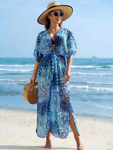 女士度假印花沙滩罩衫系带开衫防晒霜 - 彩色 - 查看 2