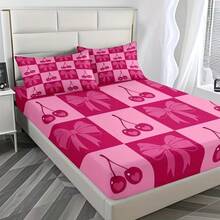Pink Checkerboard Cherry & Bow Bedding Set (1 Fitted Sheet + 2 Pillowcases) - Cute Aesthetic - Multicolor - View 4