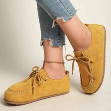 Nuevos zapatos de otoño de talla grande para mujer, zapatos sencillos de suela suave, zapatillas informales planas y versátiles con cordones - Amarillo - Ver 4