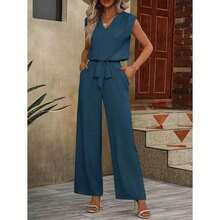 Two-Piece Set Women's Plain NotchedNeck Top & Tie Front Pants Set,Casual Sleeveless Top & ElasticWaist Trousers Summer, LadiesClothes Daily Wear, Womenswear - Màu xanh lam - Xem 6