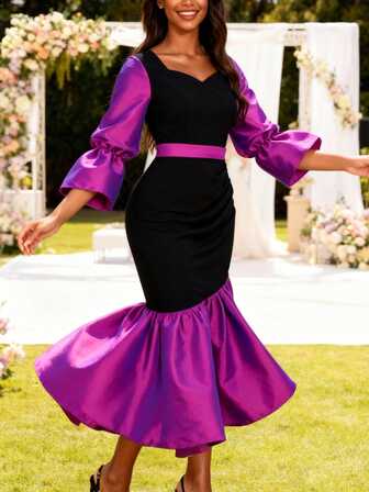 فستان أنيق ذو أكمام منتفخة وخصر عالي للنساء، من القماش الساتان باللونين الأسود والبنفسجي، بتصميم ذيل سمكة الحوت مناسب لحفلات الزفاف وحفلات المناسبات