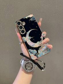 1pc Black Electroplated TPU Star & Moon Pattern Shockproof Full Coverage Phone Case And 1pc Black Drip Glue Rhinestone Flower Leather Wrist Strap Compatible With Samsung A14/A54/A56/A31 4G/A23, OPPO A98, S24/S25 Ultra, Redmi A5 13C 14C, Redmi Note 14 Pro 4G, Redmi Note 15 Pro, Redmi K60 Ultra - Multicolor - View 5