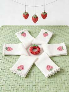 1/5 Đôi tất nữ dài đến bắp chân, viền bèo hình dâu tây - Ngọt ngào, dễ thương, mềm mại, thoải mái, thời trang - Phù hợp cho mặc hàng ngày, du lịch, ở nhà, dự tiệc, phong cách sinh viên, mọi mùa. - trắng - Xem 5