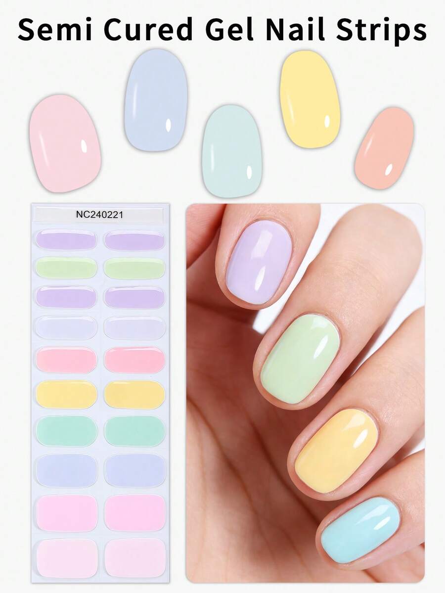 20 miếng dán móng tay gel bán khô màu Macaron, - Bộ móng tay gel UV nhiều màu sắc mùa xuân/hè, dễ dán, cần đèn UV - Miếng dán móng tay phù hợp cho các buổi hẹn hò, tiệc tùng và tự làm móng tại nhà.