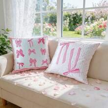 1pc Bow Embroidered Decorative Pillow Cover, Ins Style Living Room Sofa Cushion Cover With Bow Embroidery And Printed Design, Dual Craftsmanship Pillow Sham For Window Seat, Headboard, Valentine's Day, Wedding, Without Insert - Multicolor - View 5