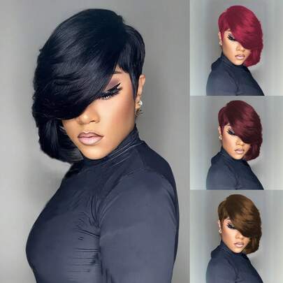 Women's Short Wig, Human Hair, Pixie Cut, Side Bangs, Chocolate Brown, Black, 99J Wine Red Pixie Cut, Human Hair, Full Machine Weft, No Glue Wig, No Lace Front, Layered Short Hair, Suitable For Valentine's Day And Daily Wear