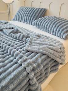 1件/3件套单人毯/披毯，含2个枕套，纯色加厚蓝灰色宽条纹仿毛皮法兰绒毯套装，多功能涤纶床罩，大条纹蓬松柔软无绒毛 - 藍灰 - 查看 18