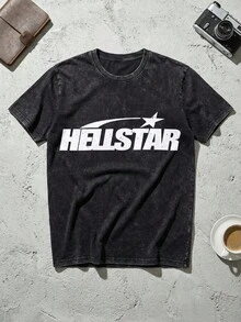 Unisex Streetwear, Men's Y2K Grunge Hellstars Slogan & Cracked Text Comet Star Graphic Double-Sided Print T-Shirt, Acid Washed Tee, Fire Face Profile Dark Aesthetic Oversized T Shirt, Graphic Tees Men, Camisetas Para Hombre, Ropa De Hombre, Playera De Hombre, Navidad - Black - View 5