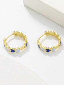 一对心形图案拼接耳环，时尚百搭，适合女性日常休闲、情人节、度假、节日等场合，是送给女性朋友的绝佳礼物。 - 金色藍色 - 查看 5