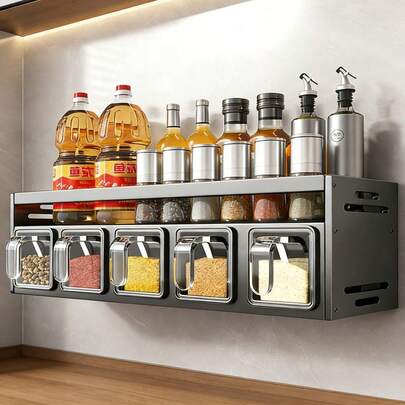 1pc Wall-Mounted Spice Rack Storage Organizer - Made Of Aluminum Magnesium Alloy, Rust-Proof, No Charging Required, Drill-Free Installation, Includes Spice Jars And Storage Containers, Suitable For Kitchen Organization