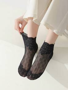 5双装春夏女士蕾丝花朵网眼袜防滑隐形内衬袜女式弹力舒适薄款透明透气短袜 - 彩色 - 查看 3