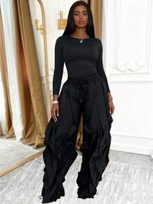 Two Pieces Set Women's Fall Fashion Solid-Color Casual Set Round-Neck Long-Sleeve Top High-Waisted Drawstring Wide-Leg Pants Two Pieces Set Black - 黑色 - 查看 1