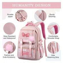 Pink Bow Cartoon Print Backpack, Lightweight Nylon Material, Spacious College Style Design, Polyester Lining, Zipper Closure, Washable, Suitable For Daily Commute And School, Back To School Essential, Stationery Supplies, Backpack, Perfect Valentine's Day Gift - Multicolor - View 5