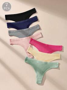 7条/包 纯色低腰性感罗纹棉质女士无痕丁字裤，弹性舒适透气女士内裤 - 彩色 - 查看 5