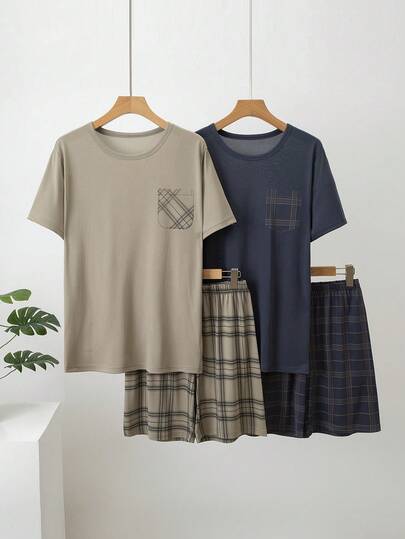 男士夏季轻薄睡衣套装（4件套），短袖衬衫和短裤两件套，休闲圆领印花口袋短裤家居服套装