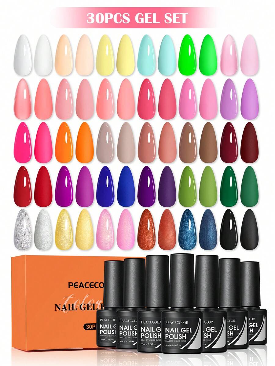 peacecolor 30色凝胶指甲油套装，白色、绿色、粉色半永久彩色指甲油套装，适合初学者，凝胶指甲油美甲用品，女士美甲沙龙礼品