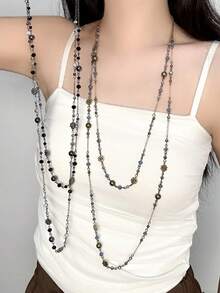 1件花卉水晶球串珠项链，时尚多色金属多层项链，适合女性佩戴，可用于派对、宴会、舞会和日常穿搭配饰