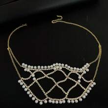 Luxury Fashion Multi-Layer Mesh Pearl Dramatic Music Festival Party Rhinestone Face Mask - Gold - View 9