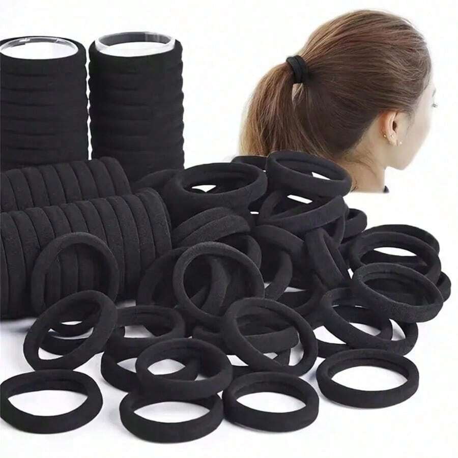 100pcs/200pcs Set Black & Colorful High Elastic Hair Ties, Simple Seamless Rubber Bands For Ponytail, Solid Color High Stretch Hair Ties For Women, Comfortable & Durable, Essential For Home & Travel,Back To School Supplies,School Tops,Home And Living New In,Gifts,Household Items,Bathroom Accessories,Back To School,Outdoor Supplies,Party Rwady. - 黑色 - 查看 1