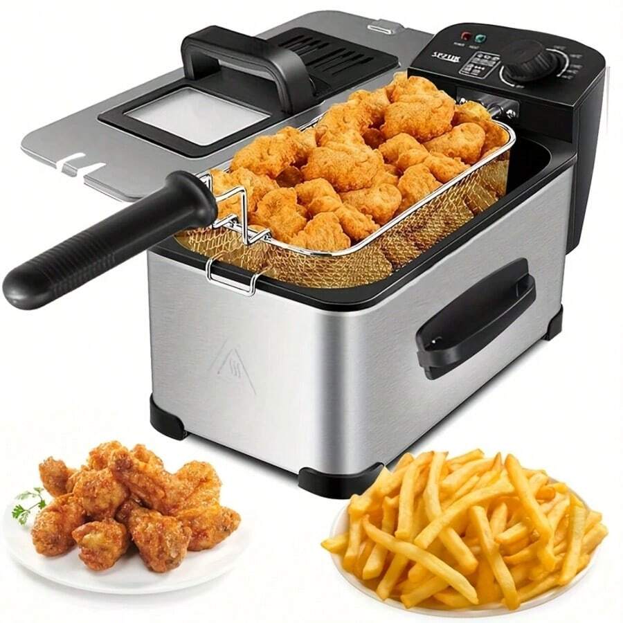 SPZTJK Electric Deep Fryer 101.44oz/12.5 Cup Immersion Deep Fryer, Lid With Viewing Window, Adjustable Temperature & Timer - Easy To Clean & Versatile Home Cooking Appliance, Deep Fryer Basket For Perfect Fried Chicken, Shrimp, French Fries & More - 美規A型插(110-127V) - 查看 1