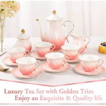 DUJUST 22 Pcs Porcelain Tea Set For 6 Luxury British Style Tea/Coffee Cup Set With Golden Trim Beautiful Tea Set For Women Tea Party Set Gift Package With A Stand - Gradient Pink - Special Gradient Pink - View 2