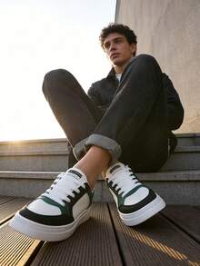 Men's Casual Lace Up Sneakers, White Green Black Skate Shoes With Chunky Sole, Everyday Walking Shoes - Best Gift For Guys, Skateboard Style Footwear - 白綠 - 查看 6