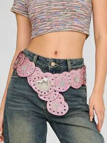 1条波西米亚风亮片爱心拼接女士腰带，Y2K银色铆钉装饰扣宽腰带，Y2K女孩腰带，适合搭配连衣裙、裤子，情人节配饰，适合派对、休闲、约会、街头、校园、购物、音乐节、情人节礼物、新年等场合。 - 粉色 - 查看 2