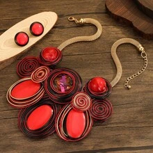 夸张多层手工编织重铝丝树脂链波西米亚欧美中东韩版晚宴派对假日女士时尚精美复古水滴项链耳环 - 紅色 - 查看 6