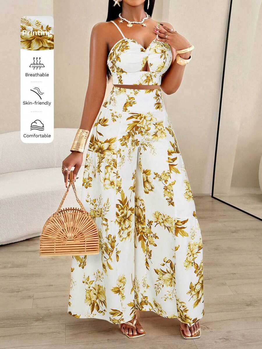 AIJ 2 piezas Conjunto de top de tirantes retorcido y pantalones anchos plisados de verano para mujer - Flores amarillas sobre fondo blanco - Ver 1