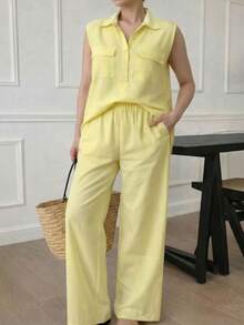 A&DD MODA, REF: AS1923 - Women's Set Consisting Of A Sleeveless Blouse And Pants. The Blouse Has A High V-Neck And Pockets; The Pants Have A Straight Cut, Elastic Waistband And Pockets, Ideal For Everyday Wear, With A Very Casual Style. - 黃色 - 查看 6
