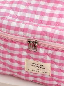 Quilted Cosmetic Bag Set, Stylish Travel Toiletry Bag, Cute Small Pouch, Kawaii Cosmetic Bag, Travel Plaid Cosmetic Organizer Bag With Zipper Pocket, Plaid Style Cosmetic Bag , Travel Makeup Bag, Large Capacity Pencil Case, Makeup Brush Holder, Holiday Travel Toiletry Bag, Bathroom Accessories, Wedding Gift - Pink - View 2