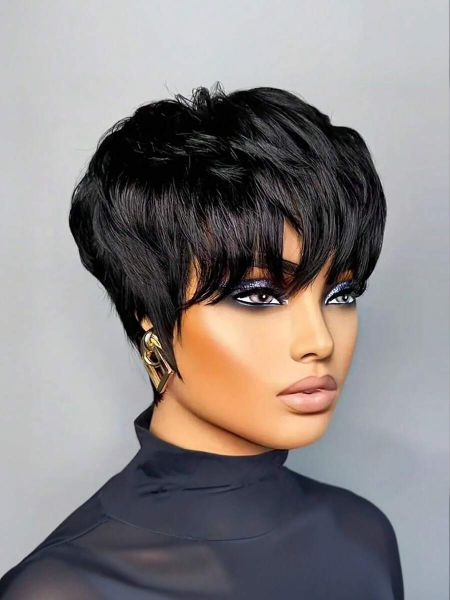 1B Color Short Elf Wig, 100% Human Hair Short Wig For Women, Glueless Short Wig With Bangs, Suitable For Daily Wear And Other Occasions, Short Elf Wig With Layered Human Hair, Quick To Wear And Go - Black - View 1
