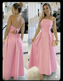 Elegant Strapless Party Dress, Draped, Plain, With Padded Cups, Various Colors. - Pink - View 3