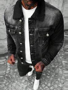 A Dark Men's Coat With Buttons And A Fur Collar - Dark Grey - View 1