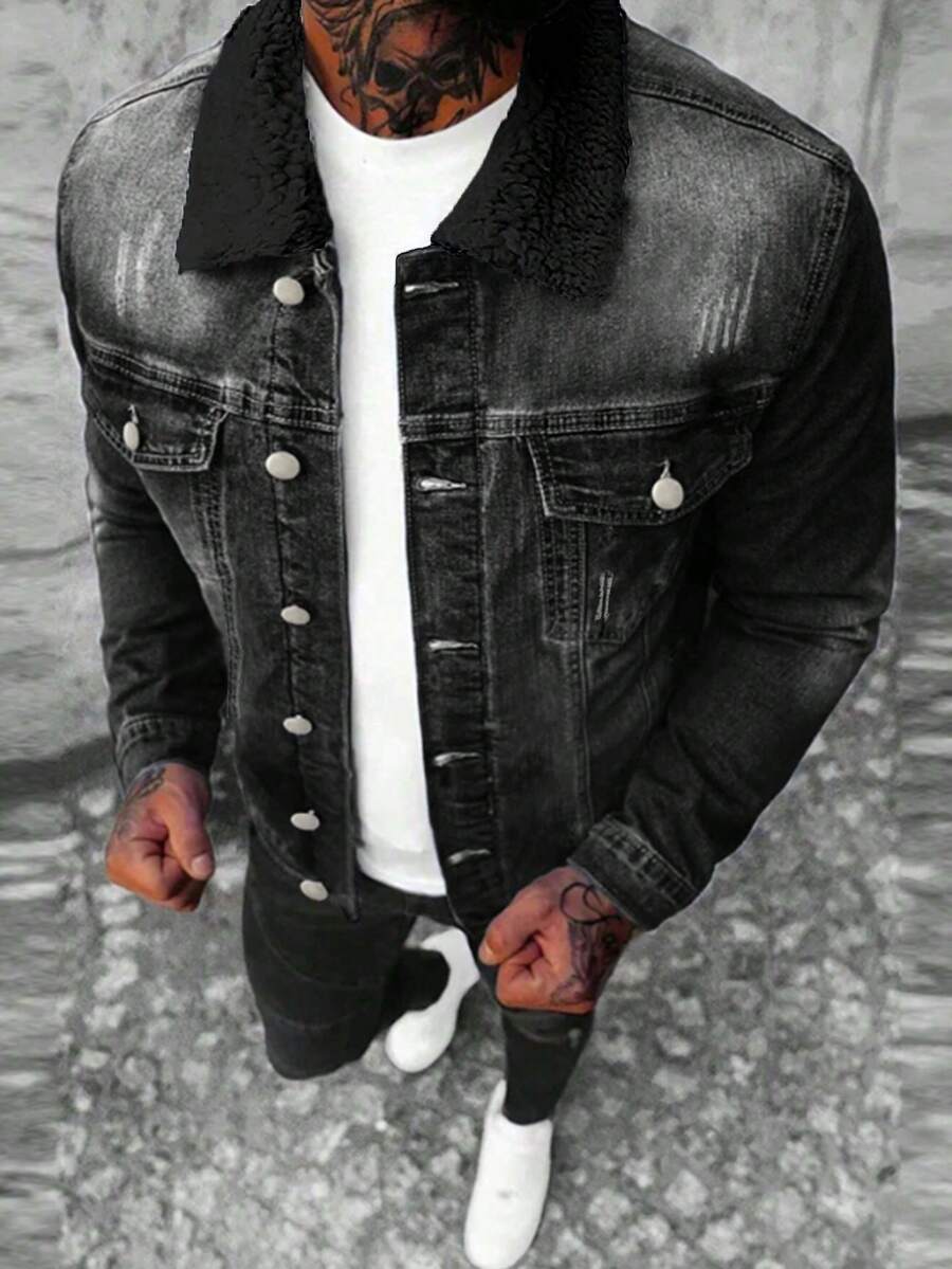 A Dark Men's Coat With Buttons And A Fur Collar - Dark Grey - View 1