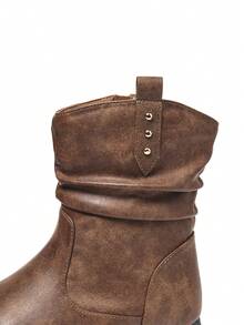 Brown Pleated Side Zipper Flat Round Toe Comfortable Versatile Office Commute Daily Casual Mid-Calf Boots, Suitable For All Seasons - Brown - View 5