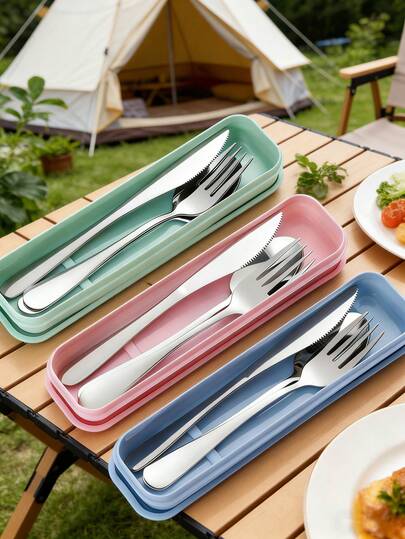 4件套不锈钢餐具套装 - 刀、叉、勺及收纳盒，便携式餐具，适合户外露营、工作、返校季使用