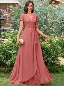 MIUSOL Sequin Floral Lace V-Neck 3D Floral Decor Asymmetric Ruffle Hem Chiffon Evening Party Maxi Dress - Dusty Pink - View 6