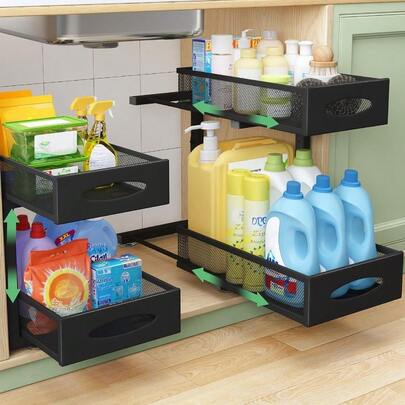 Organizador debajo del fregadero, organizador de gabinete de 2 niveles con cestas deslizantes con cajones de malla, estante de almacenamiento deslizante para el hogar, la cocina, el baño, la despensa, el gabinete de la oficina, el mostrador (1 paquete)