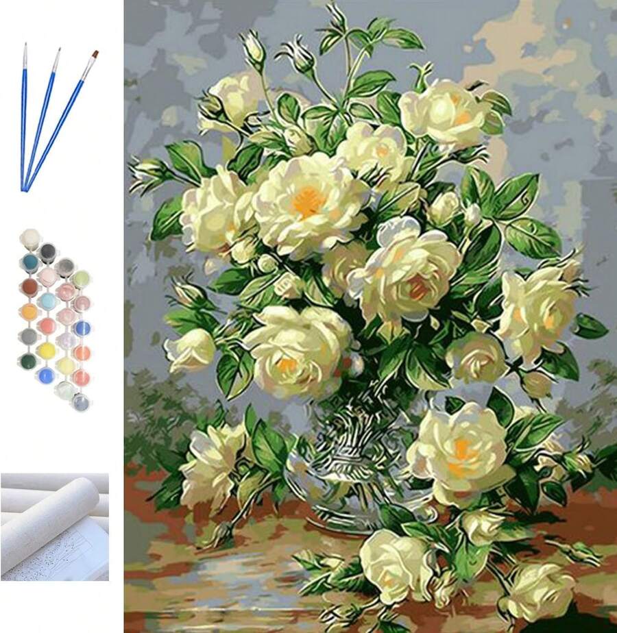 Pintura por Números, 40 * 50cm Cuadros para Pintar con Numeros y Pintura Lienzo y Pinturas Acrílicas, Acrílico Kit de Pintura con 3 Pinceles, Ideal para Decoración Hogar (Peonía blanca) - 1 - Ver 1