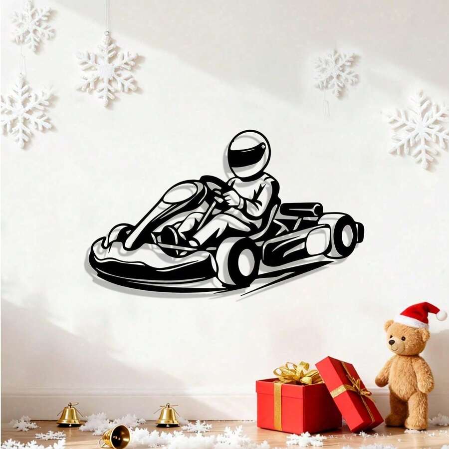 HELLOYOUNG 赛车主题墙饰 - 现代卡丁车金属雕塑，防锈涂层。是车库/露台装饰的理想之选。一款令人兴奋的赛车运动礼物，非常适合男士书房、游戏室和收藏展示。适用于房间装饰、墙面装饰和家居装饰。